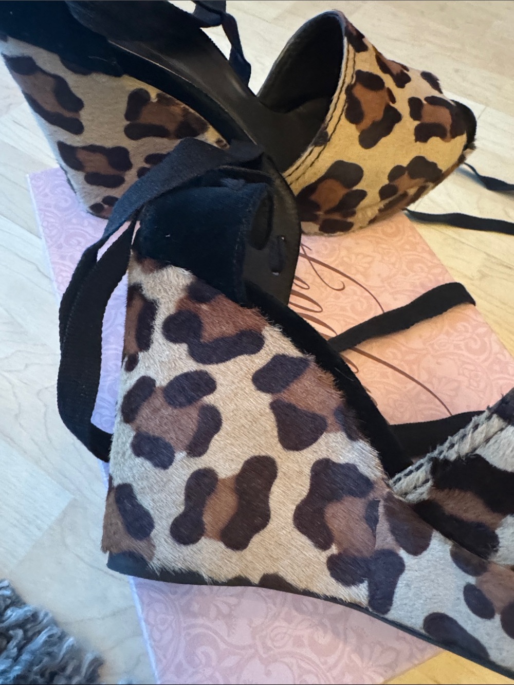 Theodora & Callum Leopard Print Wedge Sandals with Black Ankle Ties - Picture 6 of 7